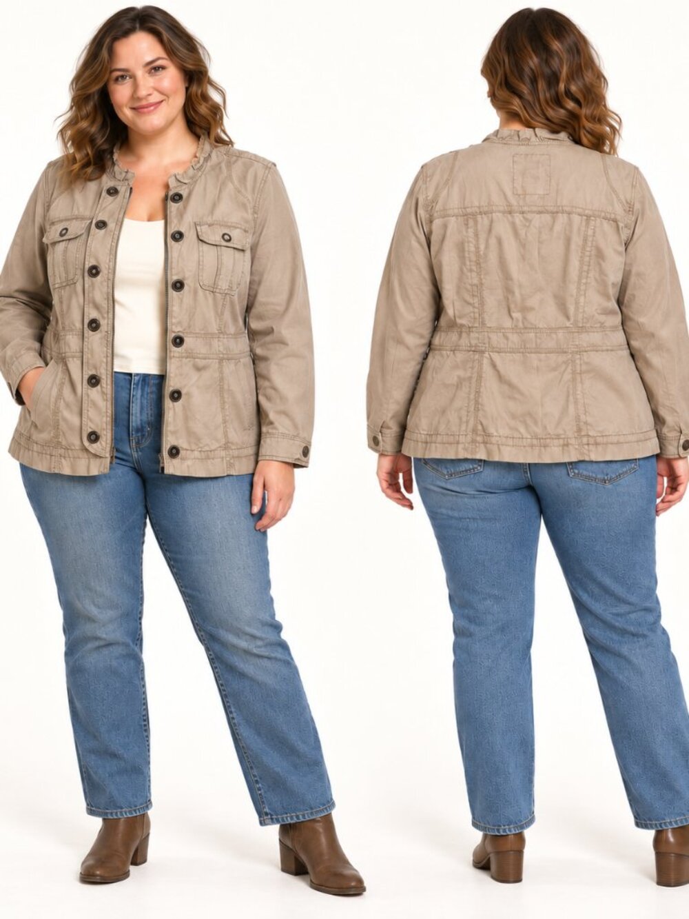 Decree Cottage Core Y2K Western Boho Utility Tan Jacket  Snaps Ruffles & Lace XL